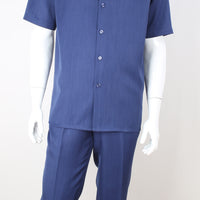 Mens Solid Navy Blue Short Sleeve Summer 2-Pc Walking Suit Royal Diamond T2066