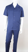 Mens Solid Navy Blue Short Sleeve Summer 2-Pc Walking Suit Royal Diamond T2066
