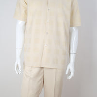 Mens Creamy Beige Subtle Plaid 2 Piece Walking Suit Leisure Suit Royal Diamond T2070