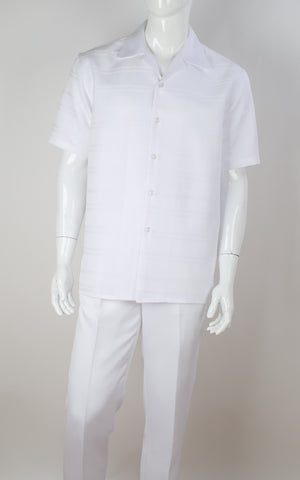 Mens Elegant All White Summer 2 Piece Shirt + Pants Walking Suit Royal Diamond T2073