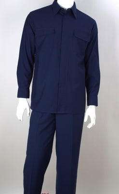 Mens Rich Navy Blue Long Sleeve w/ Epaulettes 2 Piece Set Walking Suit Royal Diamond T710