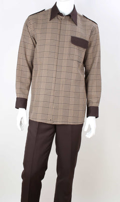 Mens Rich Espresso Brown Houndstooth Long Sleeve 2 Piece Set Walking Suit T714