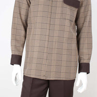 Mens Rich Espresso Brown Houndstooth Long Sleeve 2 Piece Set Walking Suit T714