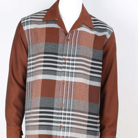 Mens Rich Rust Brown + Gray Plaid Long Sleeve Two Piece Set Leisure Suit Royal Diamond T718