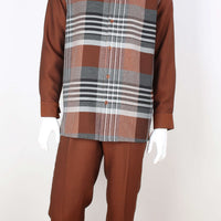 Mens Rich Rust Brown + Gray Plaid Long Sleeve Two Piece Set Leisure Suit Royal Diamond T718