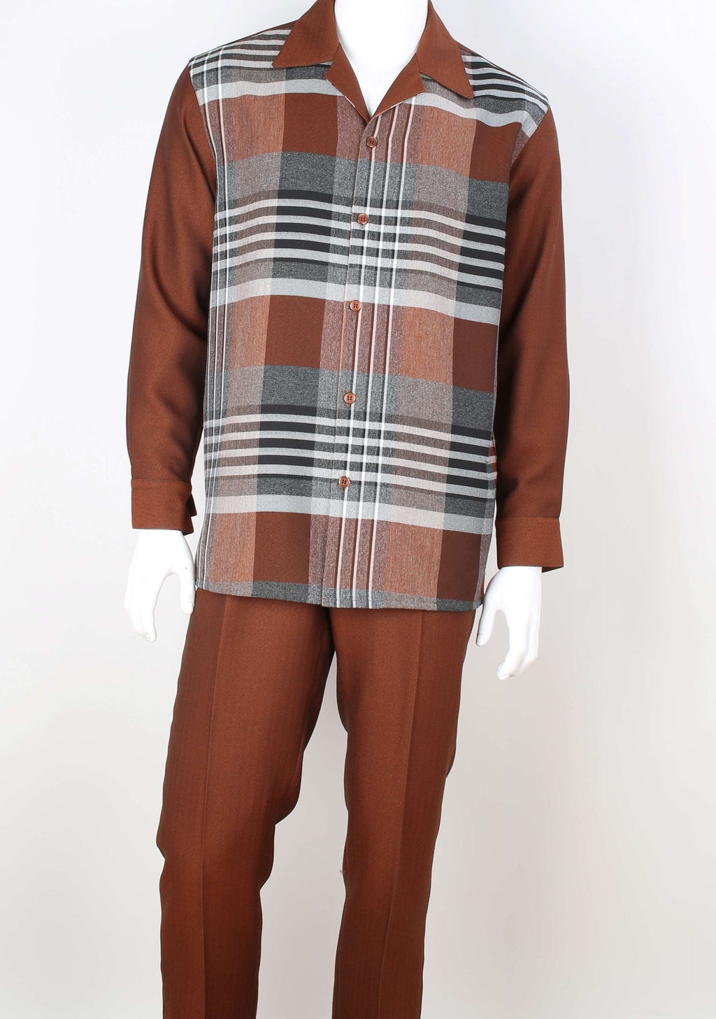 Mens Rich Rust Brown + Gray Plaid Long Sleeve Two Piece Set Leisure Suit Royal Diamond T718