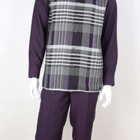 Mens Purple Gray Plaid Long Sleeve 2 Piece Set Walking Suit Royal Diamond T720