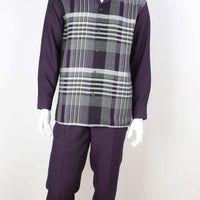 Mens Purple Gray Plaid Long Sleeve Two Piece Walking Royal Diamond T720