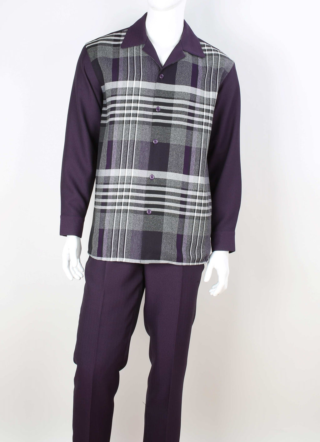 Mens Purple Gray Plaid Long Sleeve Two Piece Walking Royal Diamond T720