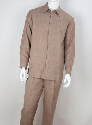 Mens Beige Woven Texture Long Sleeve 2 Piece Set Walking Suit Royal Diamond T722