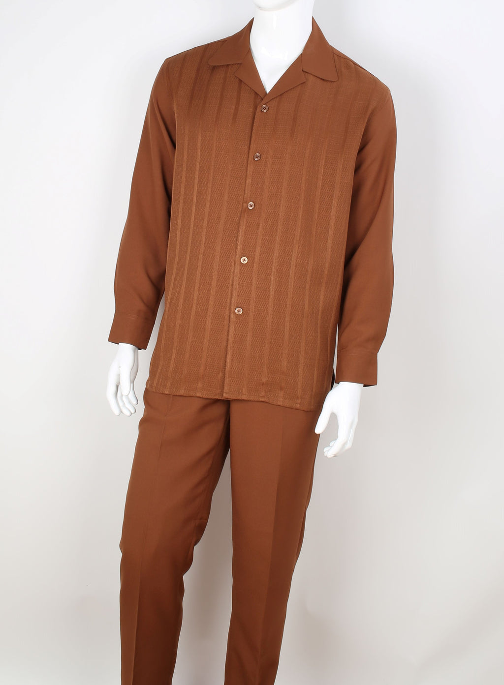 Mens Rust Brown Tone on Tone Stripe Long Sleeve 2 Piece Set Walking Suit Royal Diamond T729