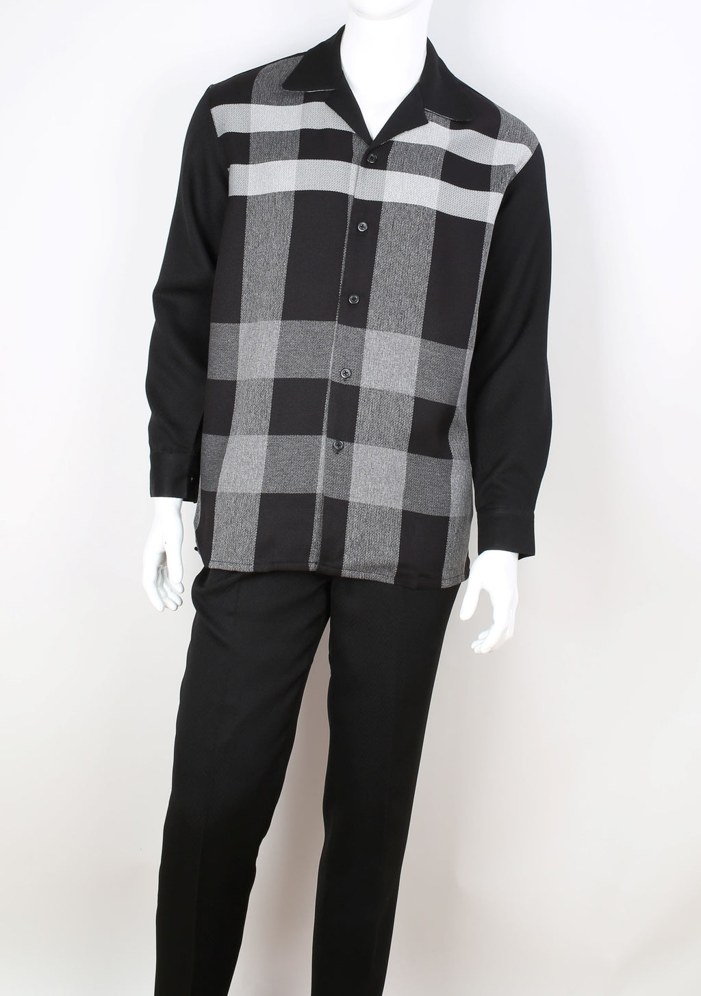 Mens Black Gray Plaid Long Sleeve 2 Piece Set Leisure Suit Royal Diamond T732