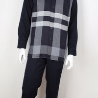 Mens Midnight Navy Plaid Long Sleeve 2 Piece Set Leisure Suit Royal Diamond T733