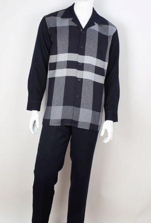 Mens Midnight Navy Plaid Long Sleeve 2 Piece Set Leisure Suit Royal Diamond T733