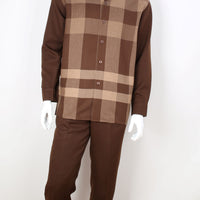 Mens Brown Plaid Long Sleeve 2 Piece Set Walking Suit Royal Diamond T734