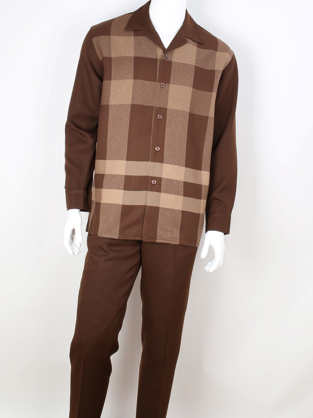 Mens Brown Plaid Long Sleeve 2 Piece Set Walking Suit Royal Diamond T734