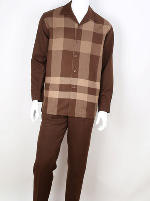 Mens Brown Plaid Long Sleeve 2 Piece Set Walking Suit Royal Diamond T734