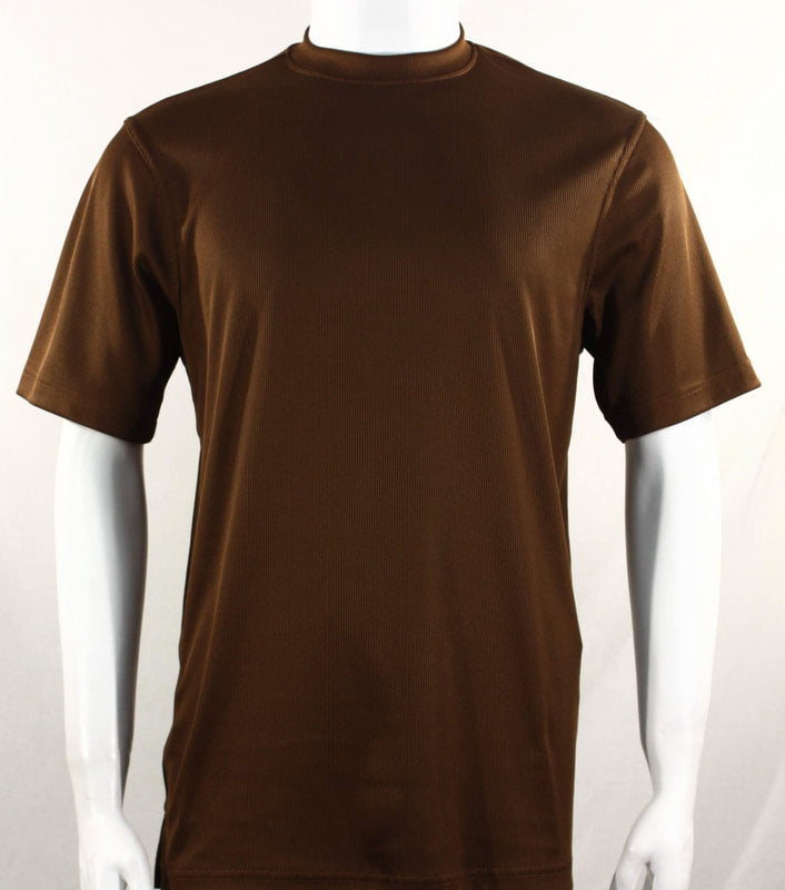 Mens Elegant Silky Cocoa Brown Mock Neck Dressy T-Shirt