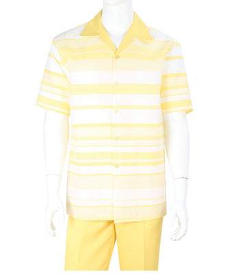 Mens Summer Yellow + White 2Pc Shirt Pant Set, Walking Suit Royal Diamond T2098