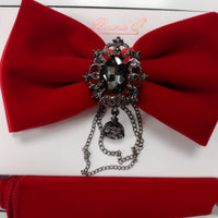 Mens Bright Red Velvet Bow Tie + Handkerchief with Detachable Gemstone Chain Brooch