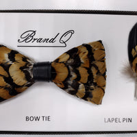 Mens Deluxe Feather Bow Tie + Lapel Pin Exotic Design Black Amber