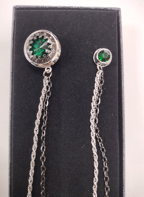 Mens Fancy Lapel Chain Sparkling Pewter Silver with Emerald Accent (Pin to Lapel or Breast Pocket)