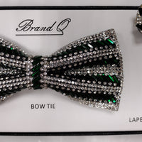 Mens Deluxe Sparkle Emerald Green Silver Pretied Bow Tie + Lapel Pin Gorgeous Accessory for Formals, Weddings, Prom