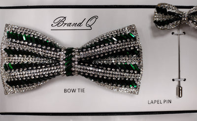 Mens Deluxe Sparkle Emerald Green Silver Pretied Bow Tie + Lapel Pin Gorgeous Accessory for Formals, Weddings, Prom