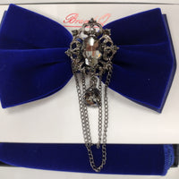 Mens Royal Blue Velvet Bow Tie + Handkerchief with Detachable Gemstone Chain Brooch