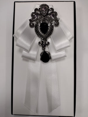 Mens White with Sparkling Black Bling Pretied Pleated Ribbon Brooch Bow Tie