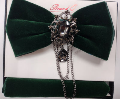 Mens Elegant Emerald Green Velvet Bow Tie + Handkerchief with Detachable Gemstone Chain Brooch