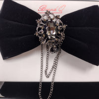 Mens Rich Black Velvet Bow Tie + Handkerchief with Detachable Gemstone Chain Brooch