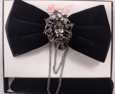 Mens Rich Black Velvet Bow Tie + Handkerchief with Detachable Gemstone Chain Brooch