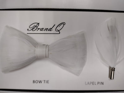Mens Deluxe Feather Bow Tie + Lapel Pin Exotic Design White