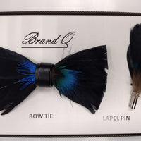 Mens Deluxe Feather Bow Tie + Lapel Pin Charming Design Black Peacock Blue