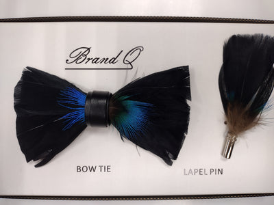 Mens Deluxe Feather Bow Tie + Lapel Pin Charming Design Black Peacock Blue