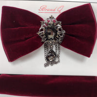 Mens Rich Burgundy Velvet Bow Tie + Handkerchief with Detachable Gemstone Chain Brooch