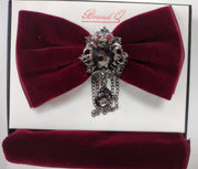 Mens Rich Burgundy Velvet Bow Tie + Handkerchief with Detachable Gemstone Chain Brooch