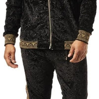 Mens Designer Stacy Adams Embossed Velvet Track Suit Slim Fit Black + Gold 2607