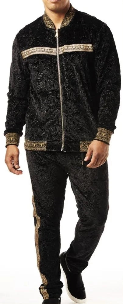 Mens Designer Stacy Adams Embossed Velvet Track Suit Slim Fit Black + Gold 2607