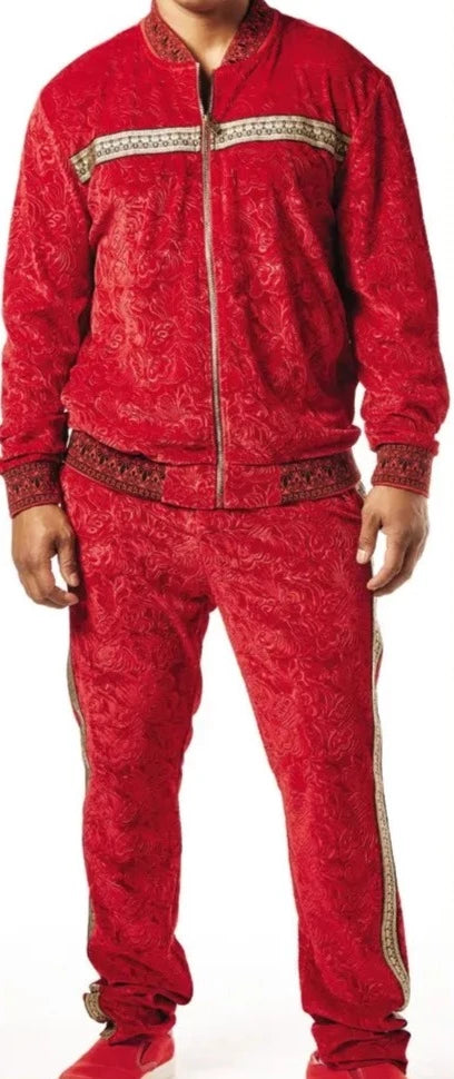 Mens Designer Stacy Adams Embossed Velvet Track Suit Slim Fit Red Gold 2607