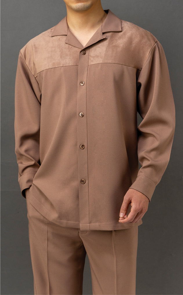 Mens Beige Sand Suede Detail Long Sleeve 2 Piece Set Walking Suit