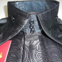 Mens Amazing Glossy Black Paisley Designer High Collar Cuffed Shirt SANGI 1043 - Nader Fashion Las Vegas