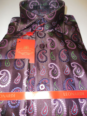 Mens Leonardi Nice Collar Cuffed Shirt Brown & Pink Paisley Graphics Style# 134 - Nader Fashion Las Vegas
