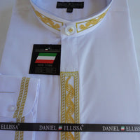Mens Greecian Look Banded No-Collar Dress Shirt White Gold Embroidery DS3113C - Nader Fashion Las Vegas