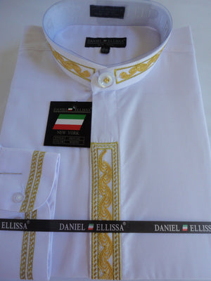 Mens Greecian Look Banded No-Collar Dress Shirt White Gold Embroidery DS3113C - Nader Fashion Las Vegas