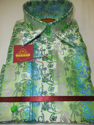 Mens Pearlized Green Multi Paisley Ivy High Collar French Cuff Shirt SANGI 1044 - Nader Fashion Las Vegas