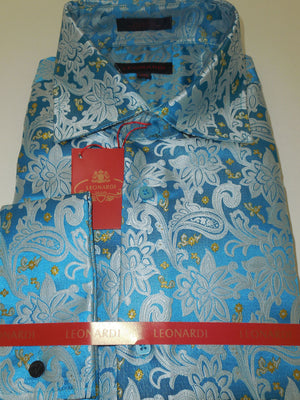 Mens White Paisley Floral on Turquoise Blue Leonardi High Collar Shirt Style 402