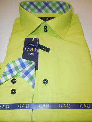 Mens Bright Neon Green Tartan Plaid Cuff & Placket Fitted Shirt Azaro Uomo M30 - Nader Fashion Las Vegas