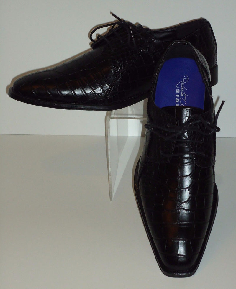 Mens Black Embossed Gator-Look Pointed Toe Dress Shoes Roberto